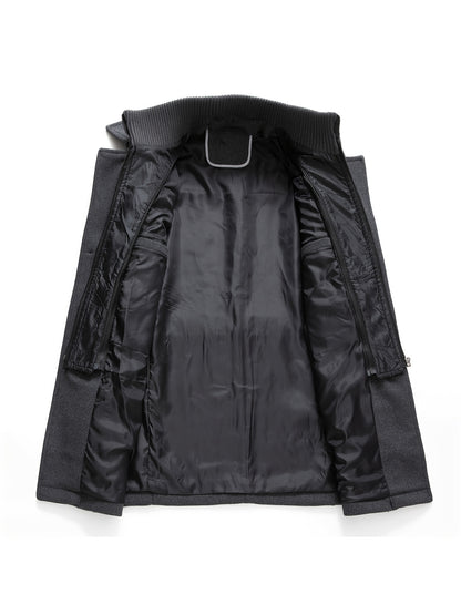 Men's Stand Collar Fleece Blend Pea Coats with Removable Inner Collar Single Breasted Overcoat