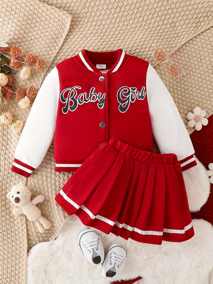 Girls' Style Spliced Baseball Jacket & College Style Skirt Two-Piece Set