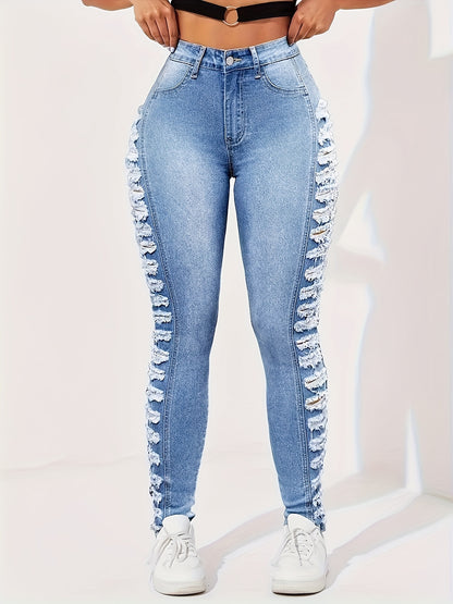 Women's High-Waisted Jeans with Side Ripped Detail - Stretchy All-Season Casual Pants, Machine Washable & No Belt Needed