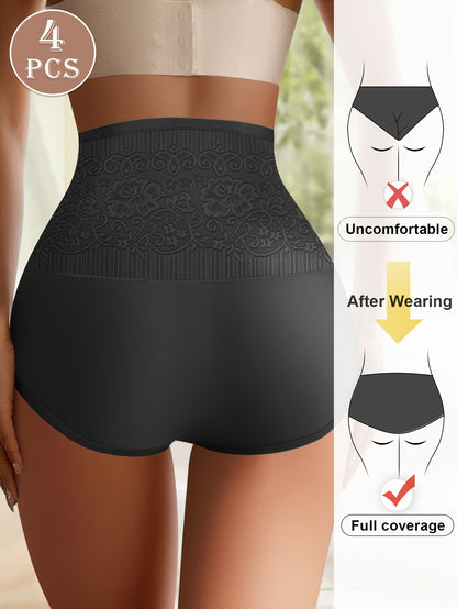 4pcs Luxury Jacquard High Waist Panties - Seamless Tummy Control & Butt Lifting Intimates Panties - Soft Sculpting Briefs For Womens Lingerie Collection