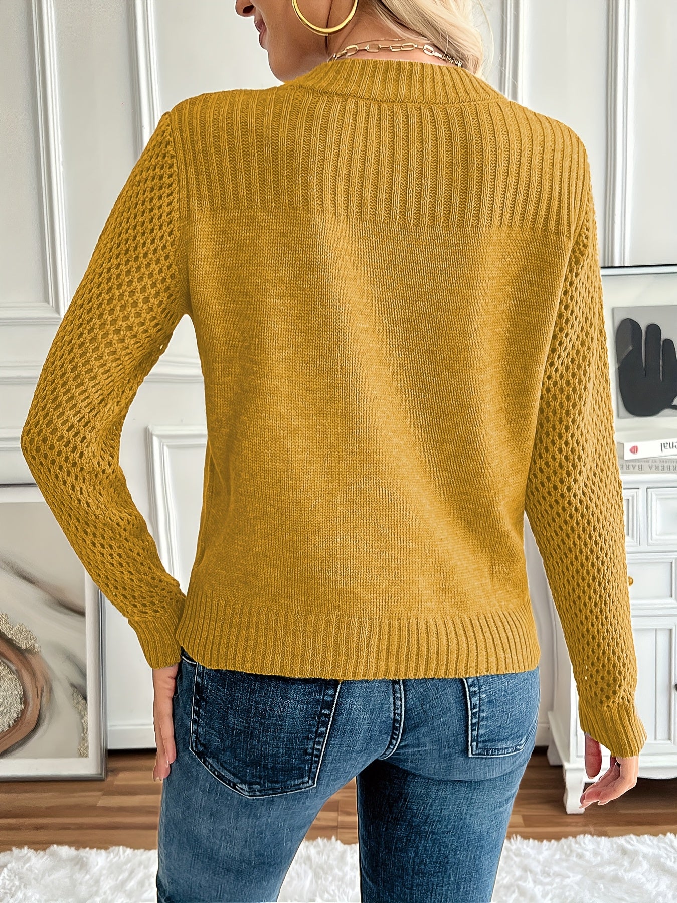 Women'S Autumn And Winter Solid Color Sweater Threaded Hollow Slim Pullover Sweater Women