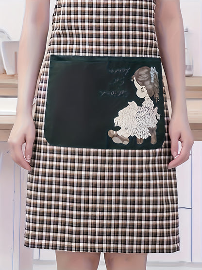 Stylish Unisex Plaid & Floral Portrait Print Apron - Red & Black Mix, Machine Washable with Front Pockets, Sleeveless Design for Kitchen, Home, or Flower Shop Use, Cute Apron, Kitchen Wear, Elegant Kitchenwear, Practical Kitchen Item