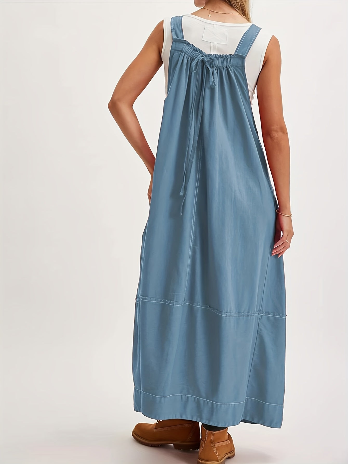 [Loose Midi Dress] Women's Loose Adjustable Strap Midi Overall Dress with Big Pockets in Workwear Style