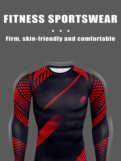 4pcs Men's Quick-Dry Athletic Compression Shirts - Breathable Moisture-Wicking Long Sleeve Tops with Vibrant Tropical Print (Black/White Polka Dot, Blue/Black Gradient, Yellow/Camo, Red/Black Geometric) for Running, Basketball, Cycling, Gym & Outdoor Spor