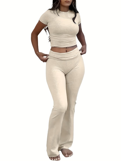 Leisure Women'S Two-Piece Round Neck T-Shirt And Low-Waisted Flared Pants Set Streetwear