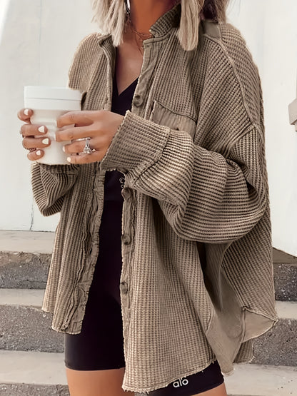 Women's Chic Oversized Waffle Jacket - Long Coat with Lapel Collar & Front Buttons, Machine Washable Winter Jacket for Everyday Formal Outfits - Cozy Fall and Winter Outerwear, Seasonal Fashion, Relaxed Fit, Durable Stitching, Casual Wear