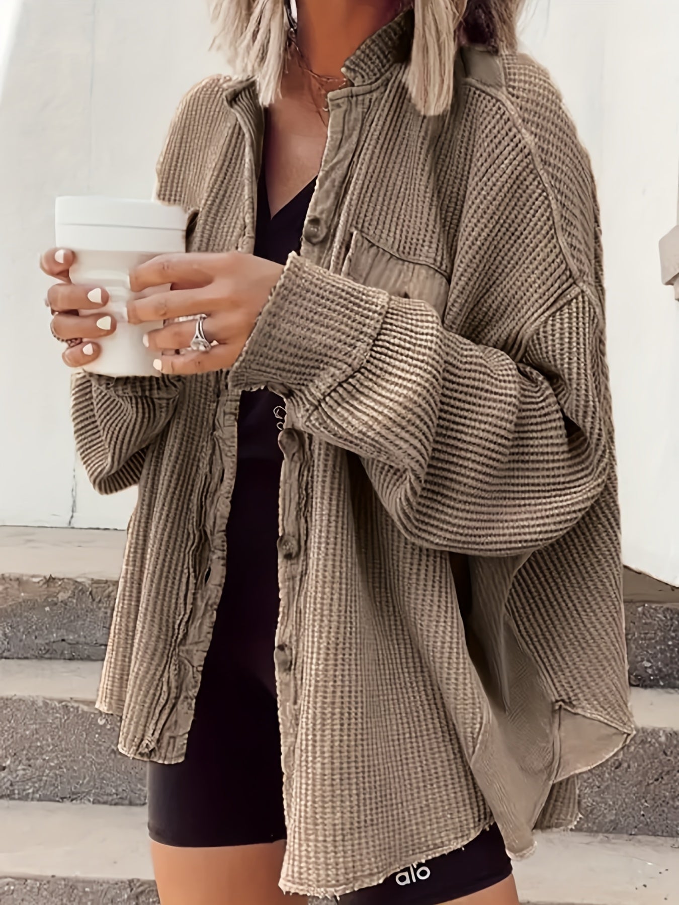 Women's Chic Oversized Waffle Jacket - Long Coat with Lapel Collar & Front Buttons, Machine Washable Winter Jacket for Everyday Formal Outfits - Cozy Fall and Winter Outerwear, Seasonal Fashion, Relaxed Fit, Durable Stitching, Casual Wear