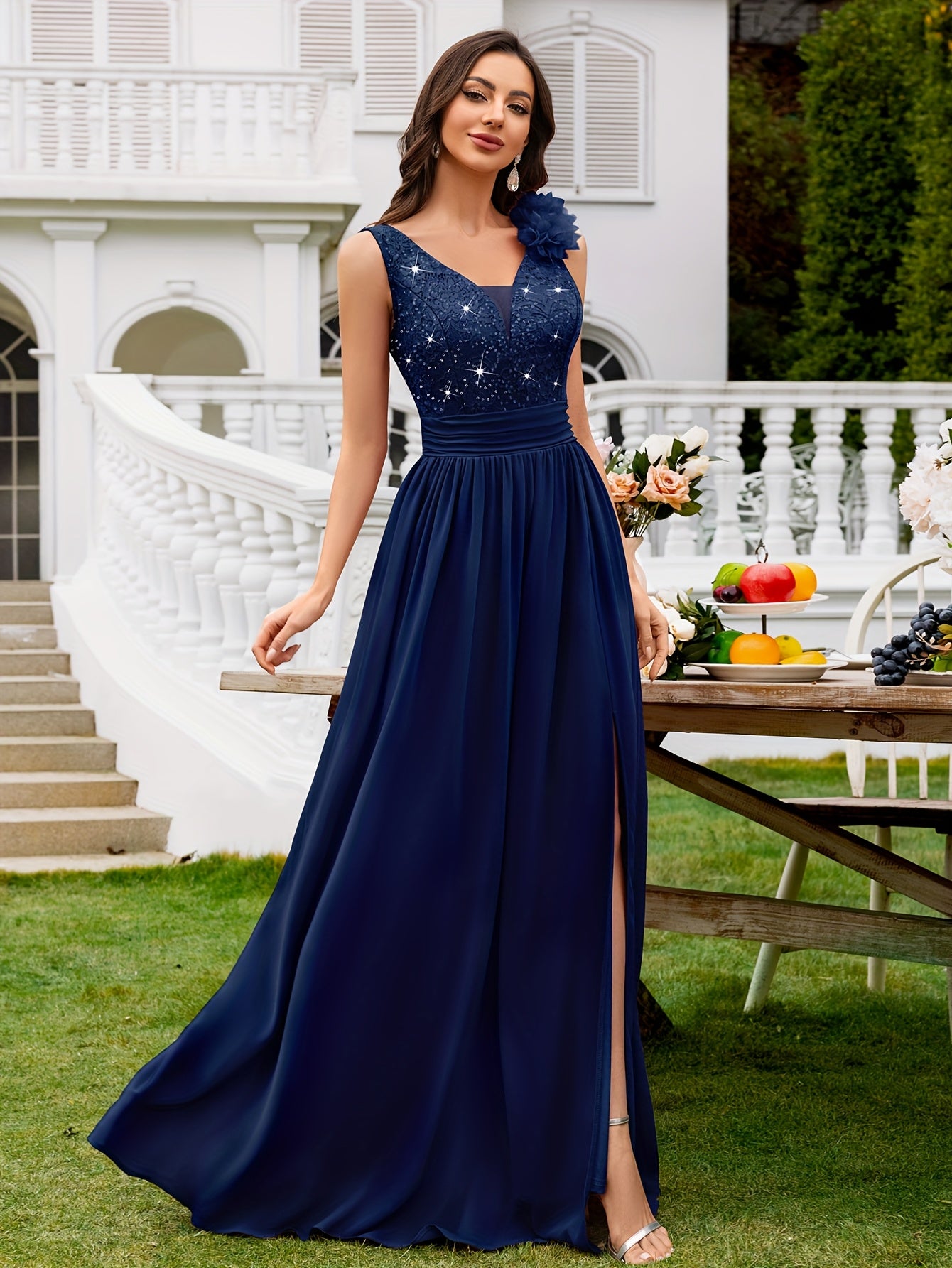 24451A Elegant Womens Mesh Deep V Neck Sequin Lace Maxi Dress, Sleeveless Applique Shoulder, Back V Neck, Ruched A Line Waist, High Thigh Slit Hem, Perfect For Formal Wedding Guest, Prom, Bridesmaid Party, Graduation Season, Wedding Season