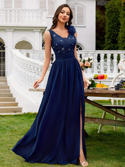 24451A Elegant Womens Mesh Deep V Neck Sequin Lace Maxi Dress, Sleeveless Applique Shoulder, Back V Neck, Ruched A Line Waist, High Thigh Slit Hem, Perfect For Formal Wedding Guest, Prom, Bridesmaid Party, Graduation Season, Wedding Season