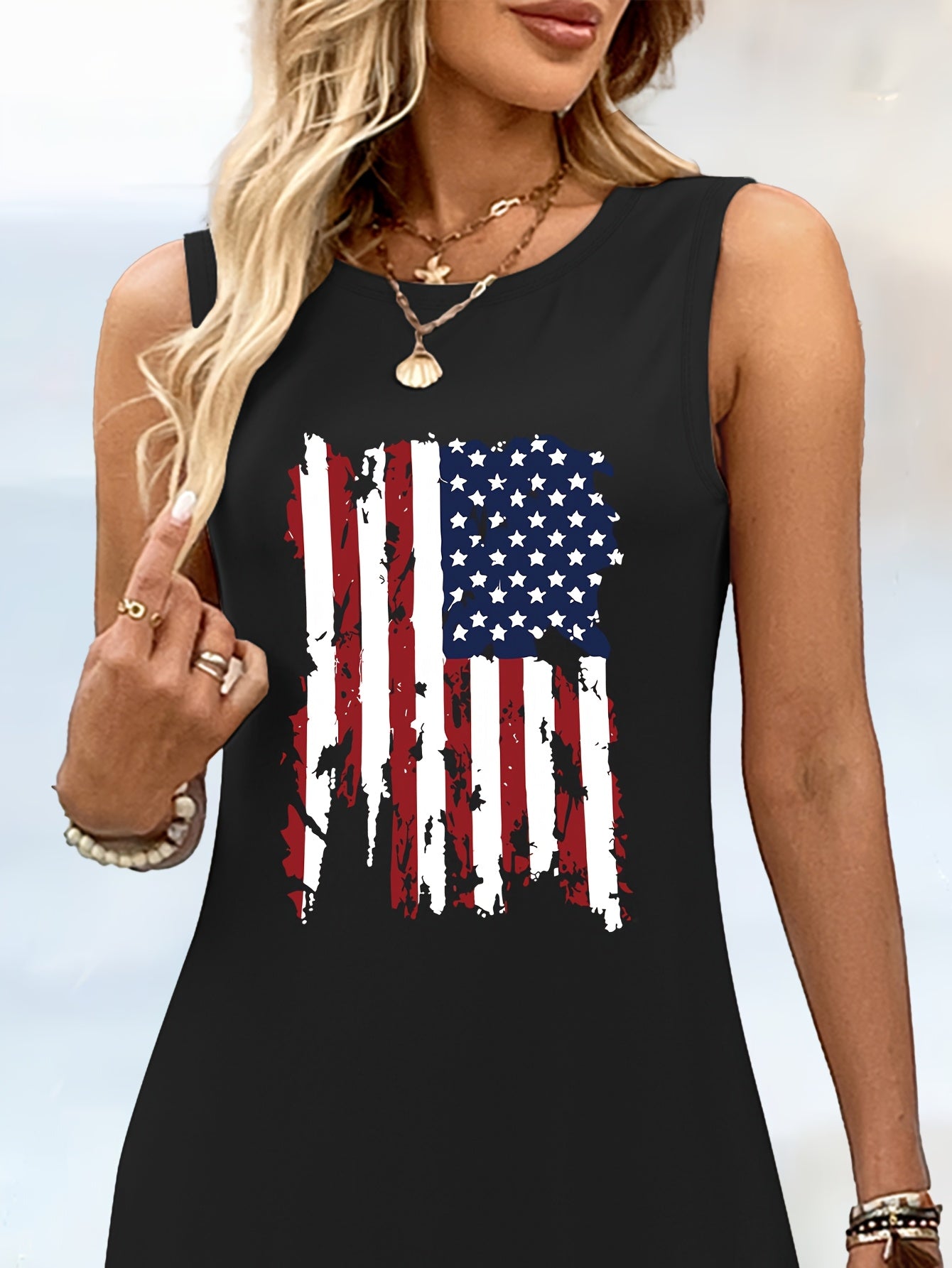 Women's American Flag Sleeveless Maxi Dress - Opaque Tank Dress with Round Neck & Slit Hem, Machine Washable Medium Stretch Suitable for Year-Round Wear, Casual Long Dress for,, Parties