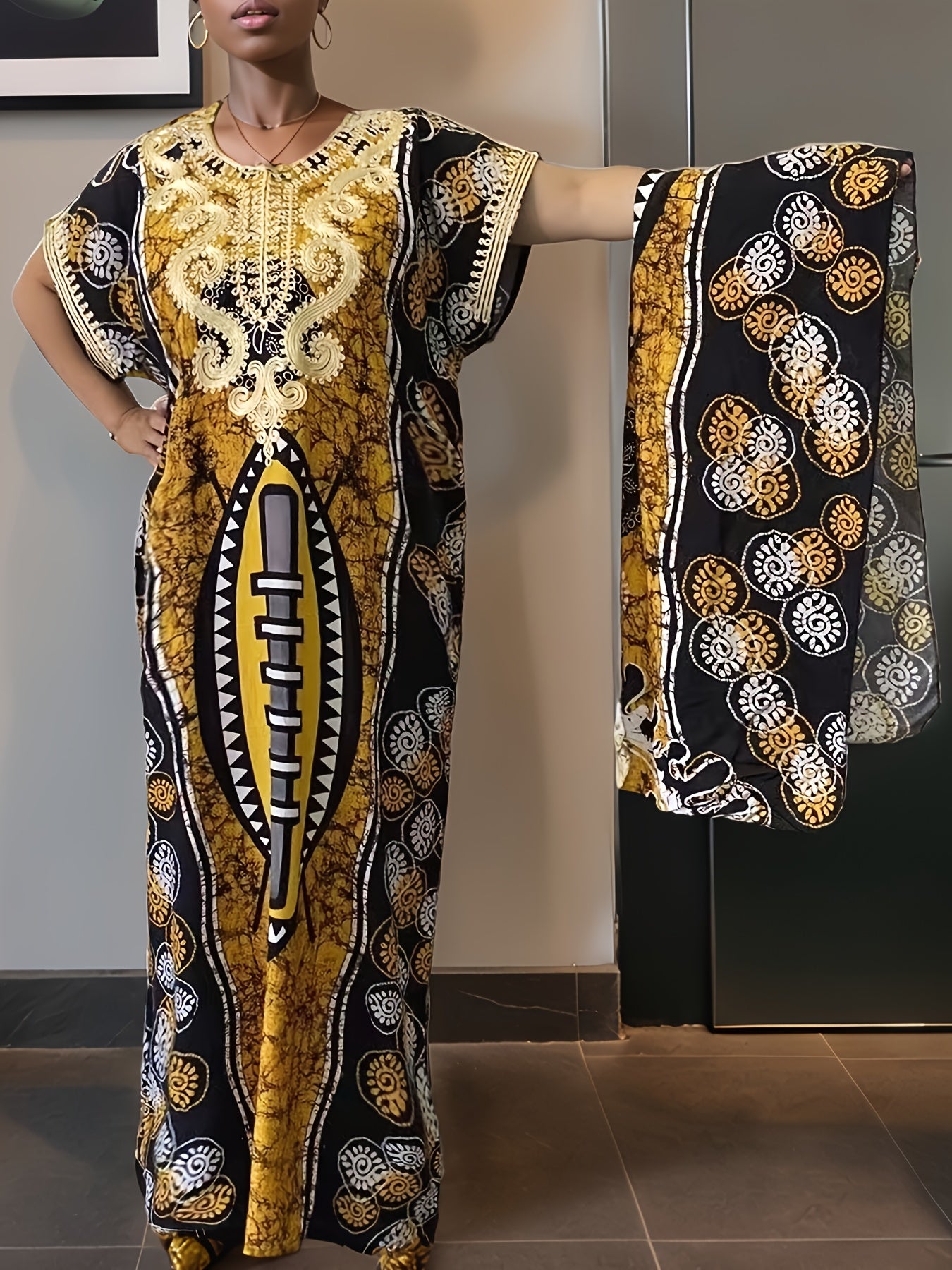 Women'S Maxi Kaftan Dress - Arabic Abaya Robe with Golden & Black Islamic Embellishments | Round Neck, Batwing Sleeves, Long Length, Embroidered Details, Machine Washable