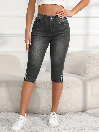 Women's Cropped Elastic Denim Mid Length Pants with Button Closure And Functional Pockets, Casual Style Cut Jeans, Comfortable for Daily Use