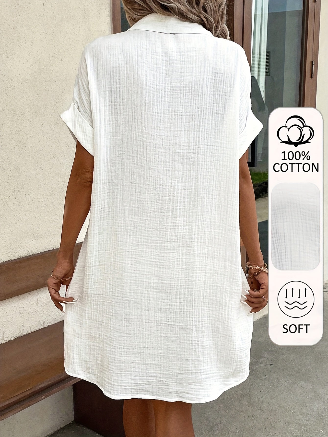 Women's 100% V-Neck Short Sleeve A-Line Dress - Button-Front Blouse Dress, Soft Breathable Casual to Semi-Formal Wear, Machine Washable All-Season Outfit (No) - Pure Shirt Dress