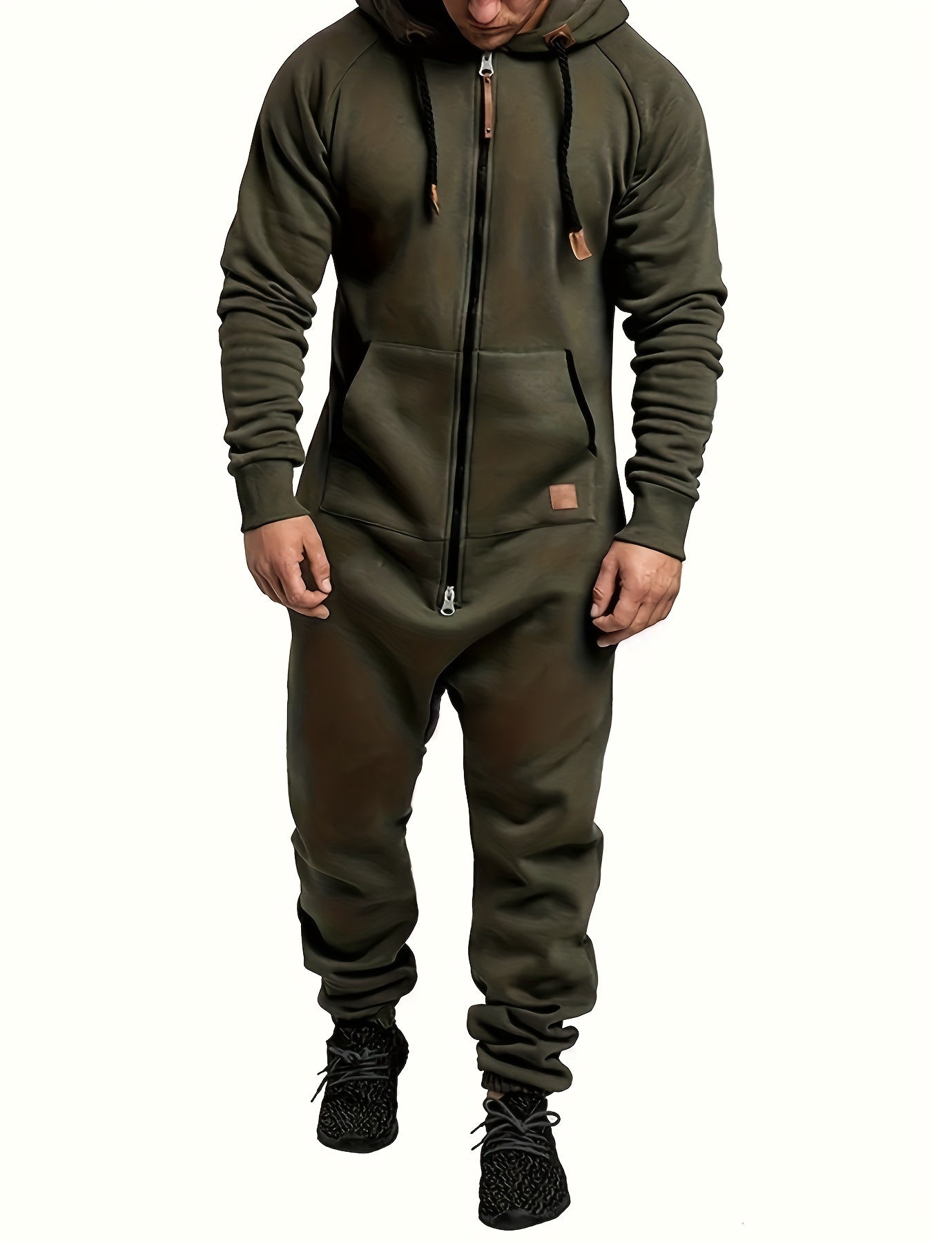 A Men's Hooded Fleece-lined Jumpsuit, Long Sleeve, Full Zip Jumpsuit with Kangaroo Pocket, Suitable for Spring Travel And Seaside Trips