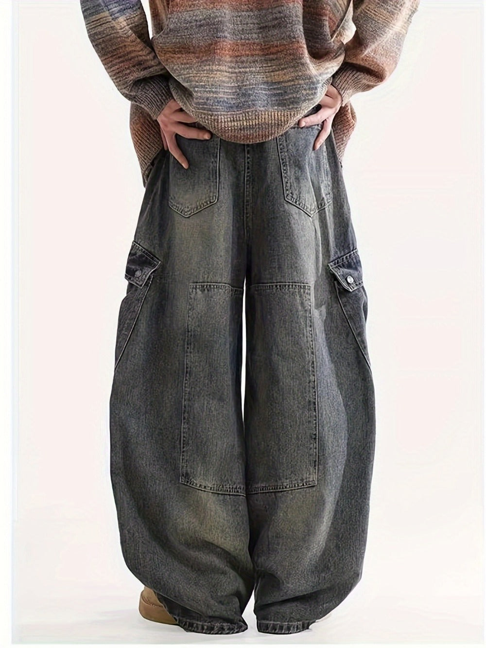 Men's Baggy Jeans - Black Denim Utility Pocket