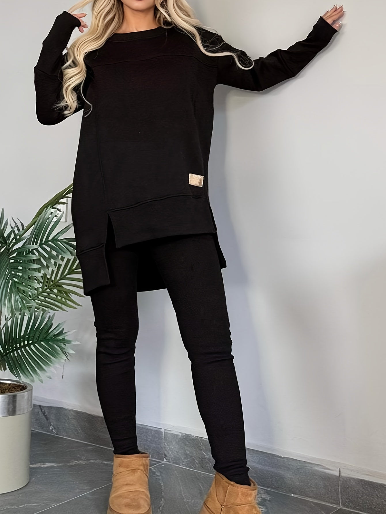 2pcs New Women'S Fashionable Casual Top with Slit Long Sleeves And Round Neck Casual Solid Color Set Suitable for Spring Workplace Commutes