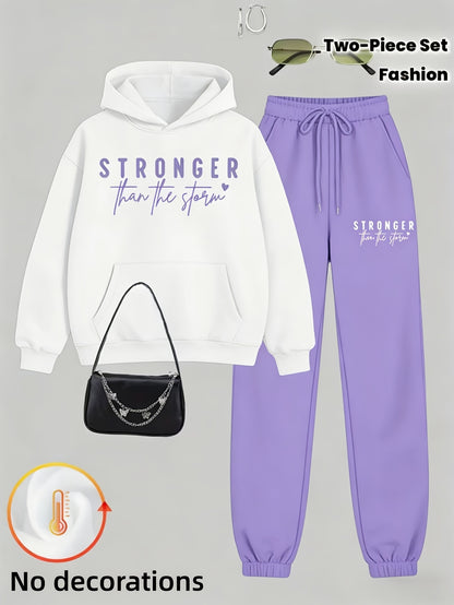 Women'S 2025 Trendy Motivational "Stronger Than The Storm" Two-Piece Hoodie Set - Fall Winter Cozy Warm Oversized Lazy-Chic Casual, Daily Streetwear Lounge Outfit, Plus-Size Figure-Flattering Soft Matching Two-Piece Set