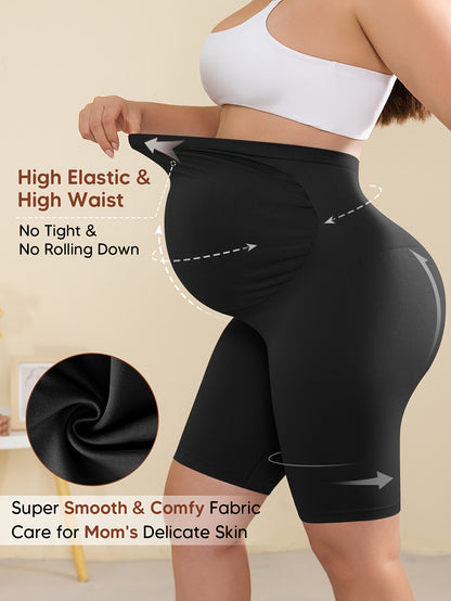 Beige High-Waisted Maternity Shorts Featuring Back Support, an Expandable Belly Panel, And a Built-In Band for Comfort During Pregnancy. They Are Breathable And Stretchy with a Ribbed Design, Perfect for Yoga And Casual Wear