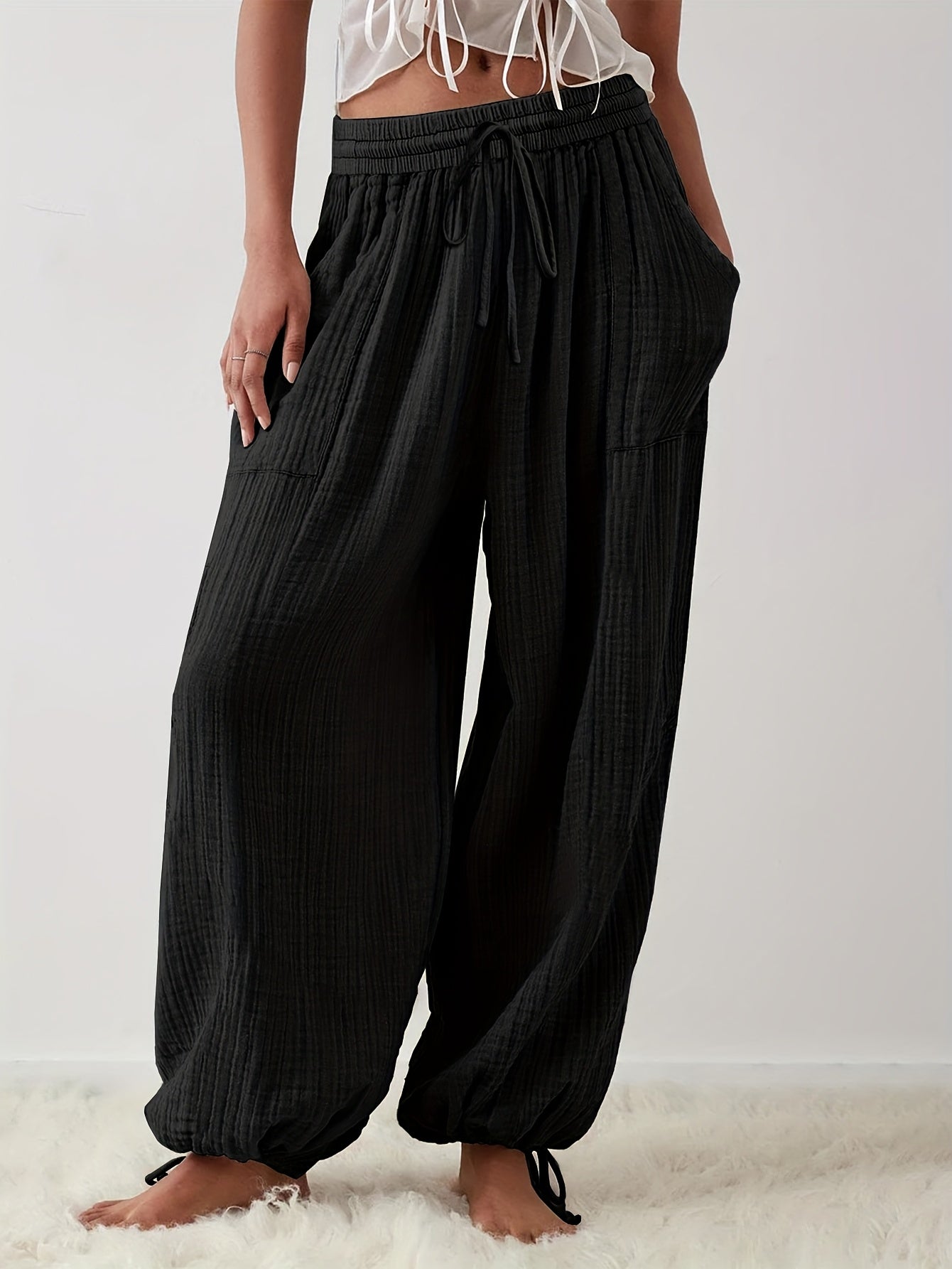 Autumn And Winter Women's Casual Pants, Khaki, Pockets, Wide Legs, Drawstring, Loose Fit, Everyday Commuting Wide-leg Pants.