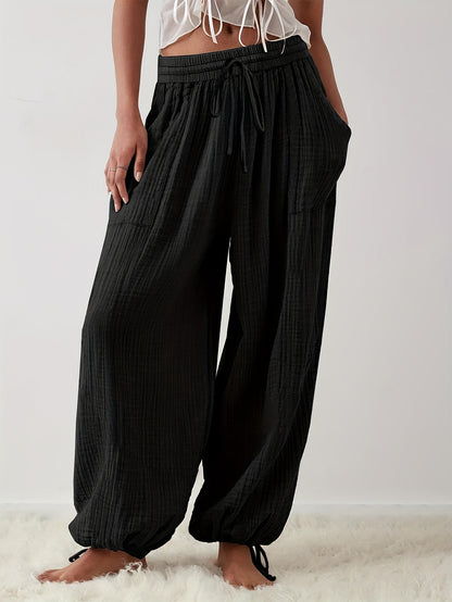 Autumn And Winter Women's Casual Pants, Khaki, Pockets, Wide Legs, Drawstring, Loose Fit, Everyday Commuting Wide-leg Pants.