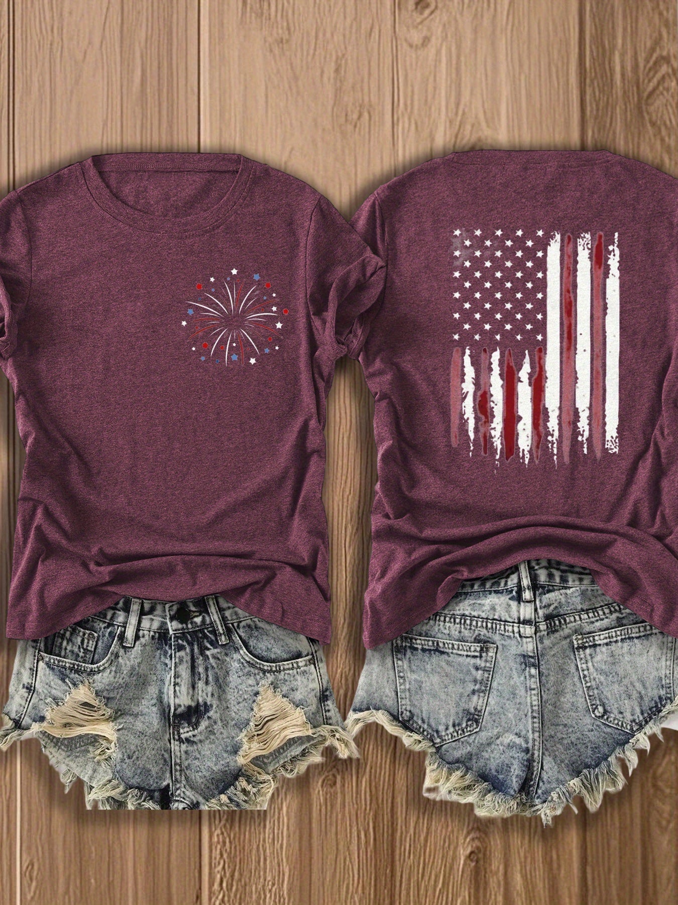 Patriotic Fireworks And Flag Print -blend T-shirt with Double-sided Design for 4th Of July Celebrations - Festive, Casual, And Stylish Graphic Tee for Women | Trendy Independence Day Apparel | -blend T-shirt with Double-sided Print