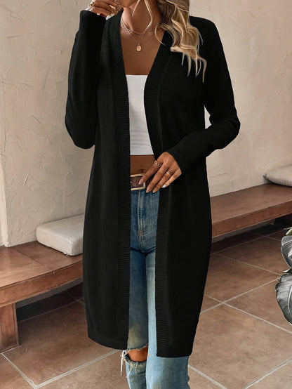 Women's Elegant Long Front-opening Coat - Formal & Everyday Chic Outerwear, Easy-Care Long Sleeve Cardigan for Autumn/Winter, Office, Party, Casual Outfits