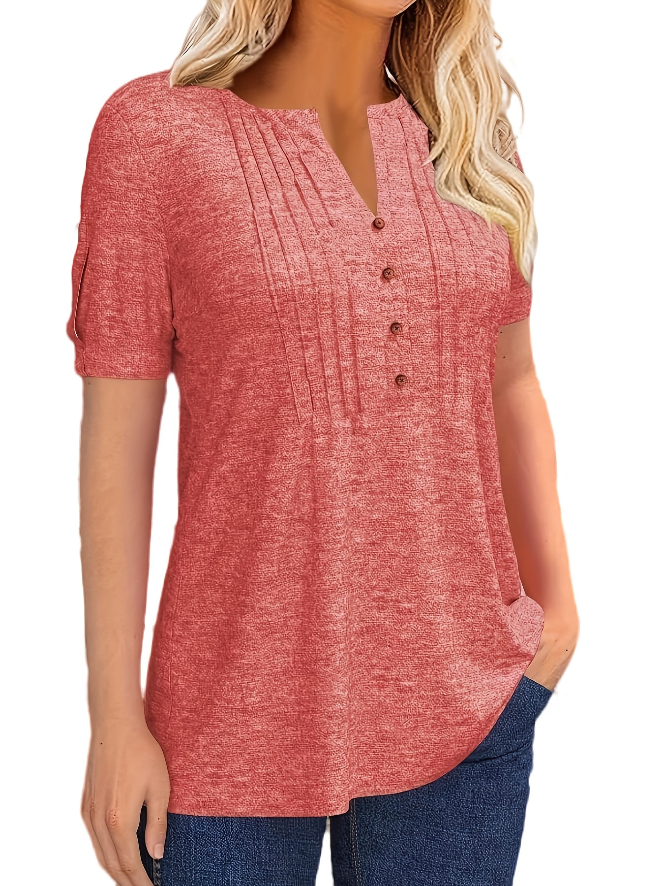 Casual Short-Sleeve T-Shirt for Women, Featuring a Pleated Design And V-Neck in Solid Colors, Perfect for Summer