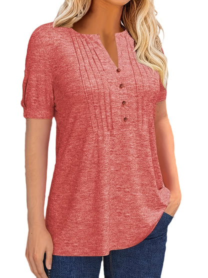 Casual Short-Sleeve T-Shirt for Women, Featuring a Pleated Design And V-Neck in Solid Colors, Perfect for Summer