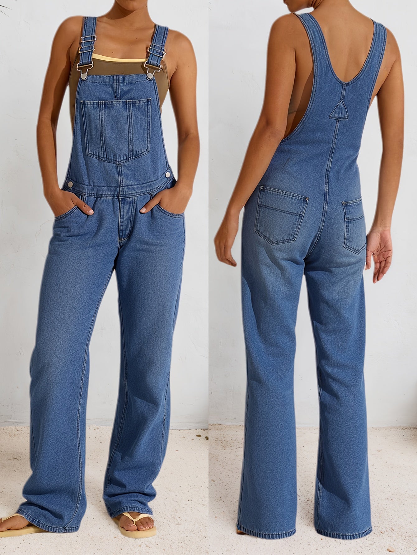 [Denim Overalls Set] Women's Denim Overalls Set - Non-Elastic Mid-Calf Long Style, Functional Pocket Design - Party Casual Wear, Versatile for Daily Use - Easy-To-Care Denim Clothing, Spring Fashion, Trendy Women, Four-Season Style, High-Quality Sewing, F