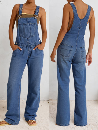 [Denim Overalls Set] Women's Denim Overalls Set - Non-Elastic Mid-Calf Long Style, Functional Pocket Design - Party Casual Wear, Versatile for Daily Use - Easy-To-Care Denim Clothing, Spring Fashion, Trendy Women, Four-Season Style, High-Quality Sewing, F
