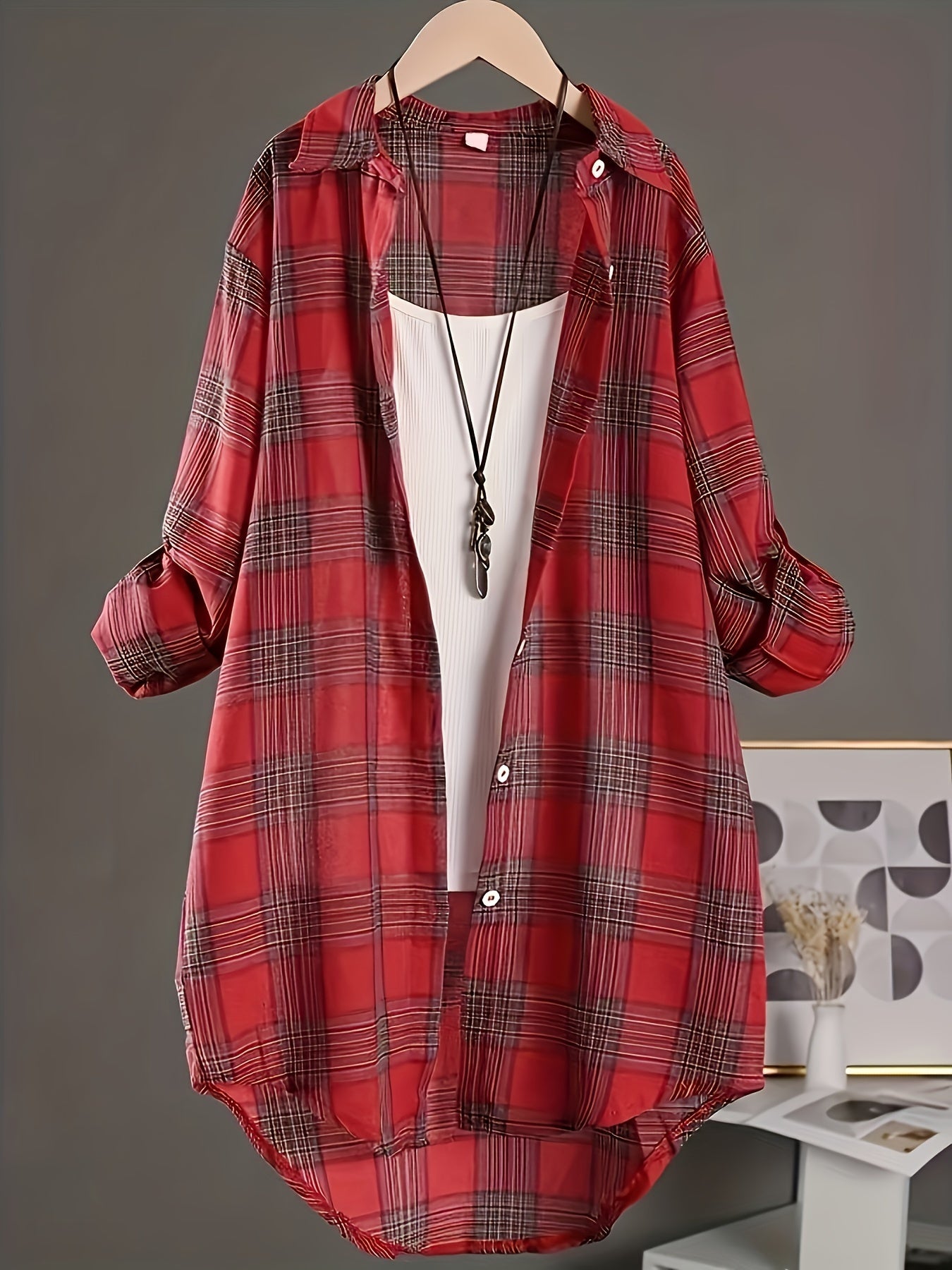 Plus Size - Plus Size - Plus Size Womens Casual Plaid Shirt - Lapel Collar, Dipped Hem, Semi-Sheer, Long Sleeve, Button Front, Perfect for All Seasons