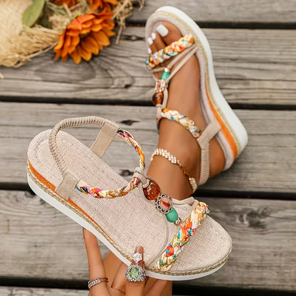 Women's Boho Braided Beaded Wedge Sandals, Local Warehouse 3-Day Delivery, Perfect for Beach Vacations & Home Leisure, Women Shoes