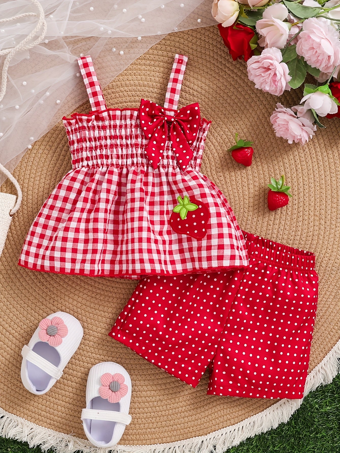 Set of 2 Girls' Outfits for Spring And Summer: a Gingham Dress with a Strawberry Print And Bow, Paired with Red Polka Dot Shorts. This Casual Set Is Machine Washable And Ideal for Toddlers, Featuring a Comfortable Spandex Design, for Outdoor