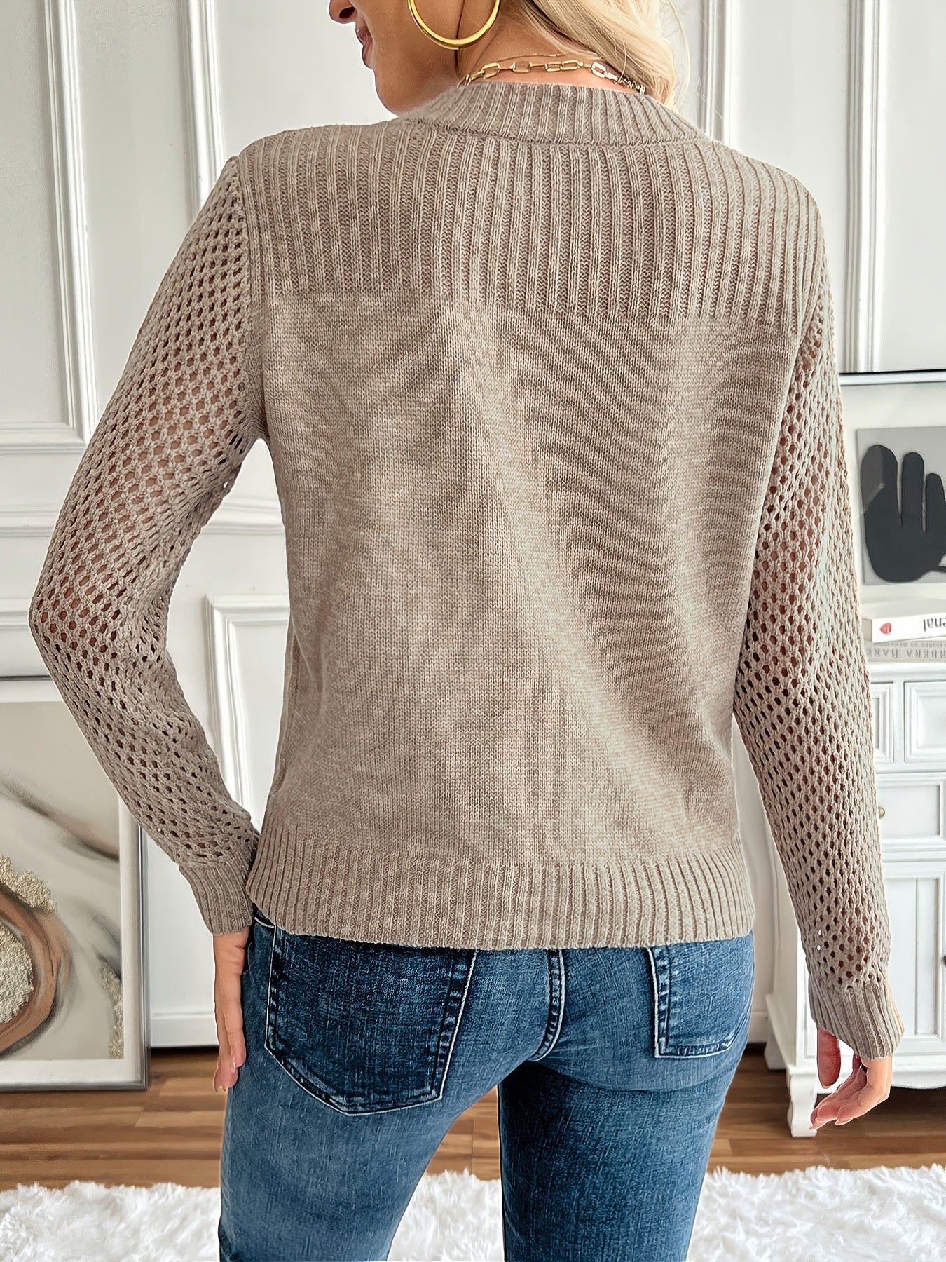 Women'S Autumn And Winter Solid Color Sweater Threaded Hollow Slim Pullover Sweater Women