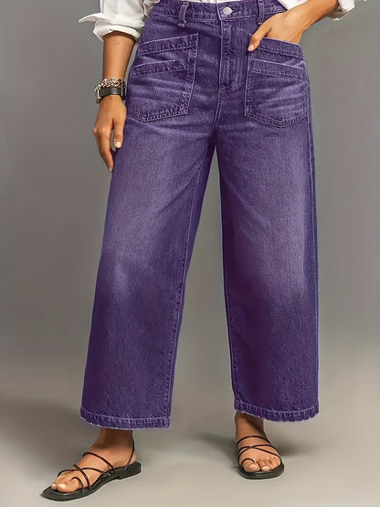 1pc Women's Plus-Size Wide-Leg Stretch Denim Jeans - Oversized Loose-Fit Heavy-Duty Washed Pants with Belt Loops & Zipper Closure, Multi-Pocket All-Season Casual & Workwear Trousers (Machine Washable) - Washed Blue