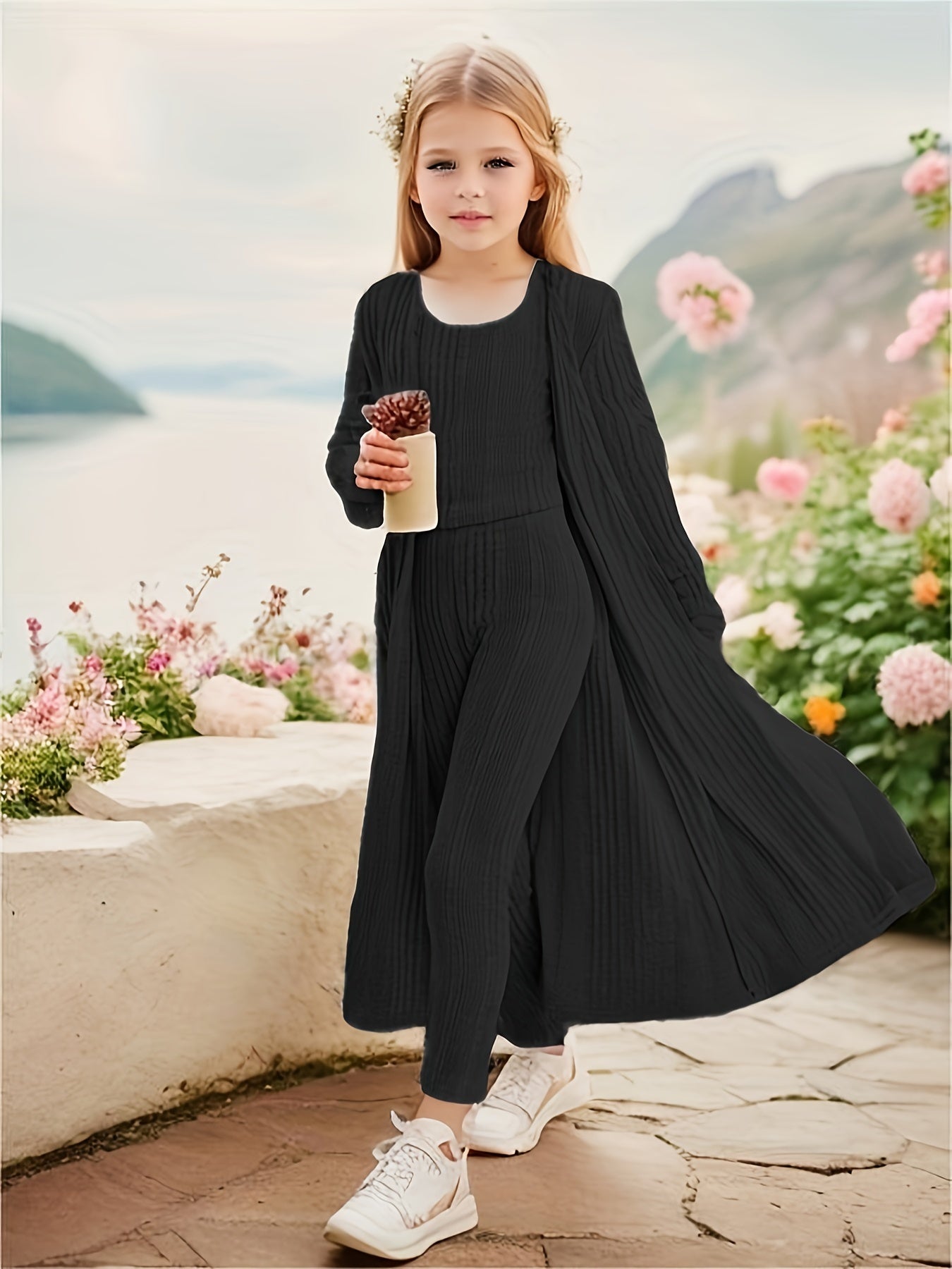 Stretchy Knitwear 3pcs Girls, Long Sleeve Shawl Knit Cardigan + Top + Leggings Kids Gift, perfect for casual outdoors & walking dog, Perfect for Outdoor