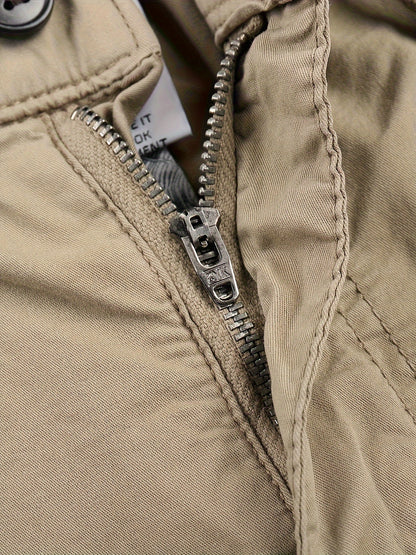 Solid Cargo Men's Casual Long Pants with Multiple Pockets AndButtons, Outdoor Hiking Camping Mountaineering