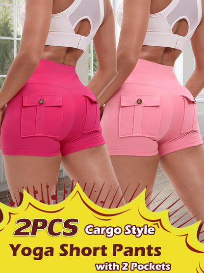 2pcs High Stretch Elastic Waist Cargo Shorts - Women's Shaping, Hip Lifting, Quick-Drying Fitness Pants with 2 Pockets, Solid Color Short Pants Set, Track Shorts Set