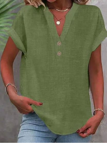 ZOELNIC Women's V-Neck Button-Front Placket T-Shirts - Short Sleeve Casual Summer Tops, Breathable Daily Wear Shirts Suitable for Spring/Summer, Solid Color Casual Wear, Machine Washable (No)