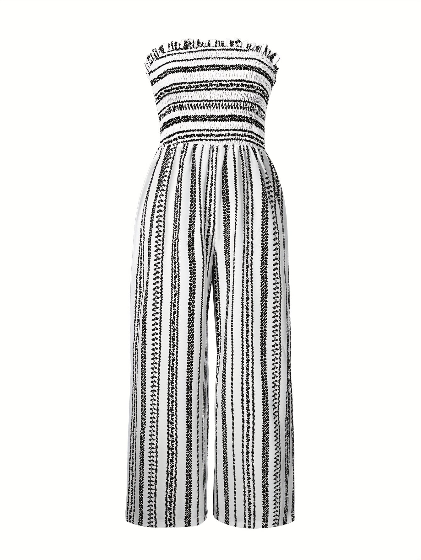 Women's Strapless Striped Jumpsuit, Black White Smocked Tube Top Wide Leg Jumpsuit, Casual Loose Summer Romper for Vacation & Daily Wear