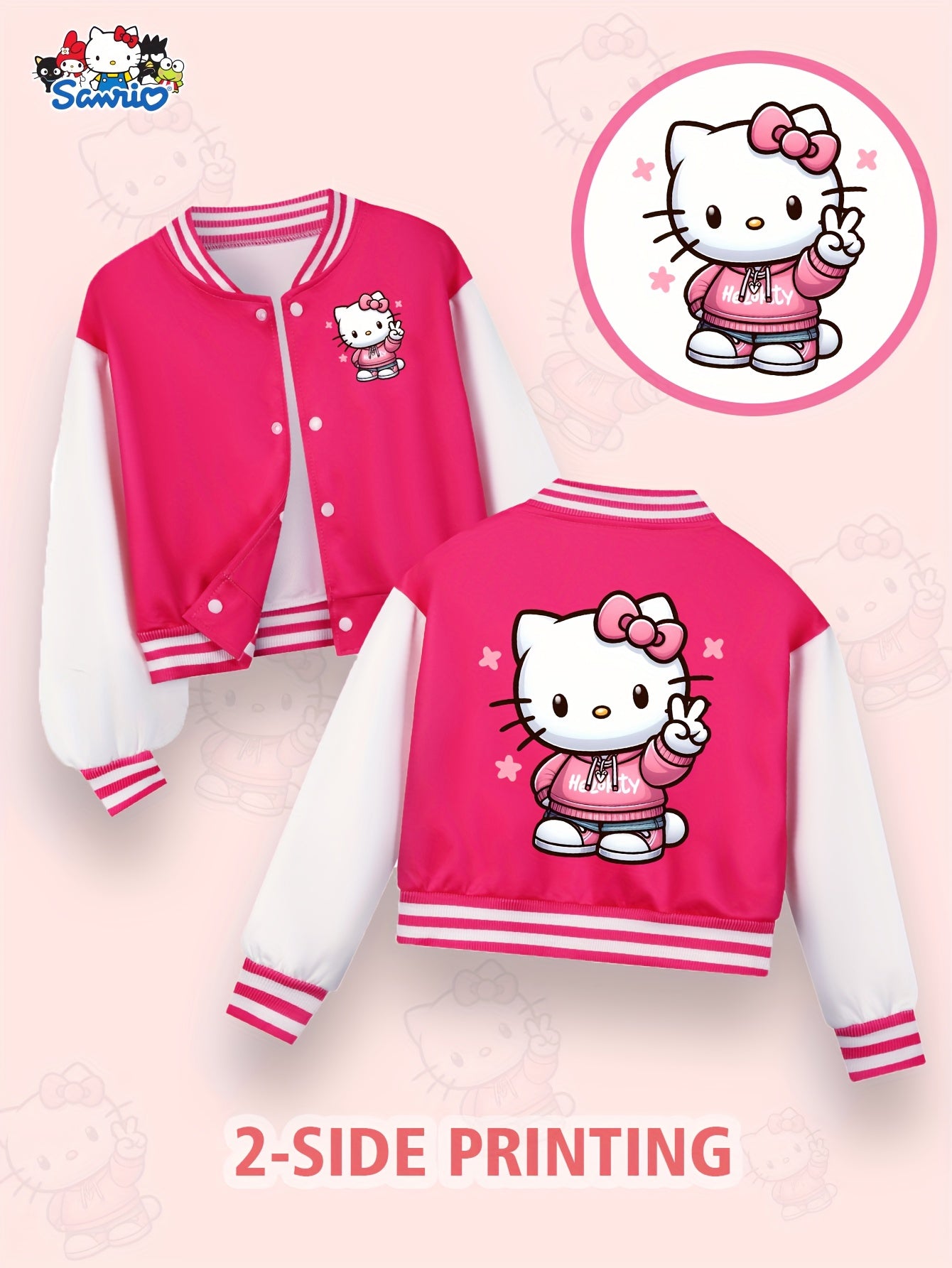 Sanrio Hello Kitty Girls' Cute Kawaii Jacket - Double-Sided Hello Kitty Print Varsity Coat with Button Closure, Warm Winter Outerwear Suitable for, Playdates & Themed Parties (Iconic KT Character)