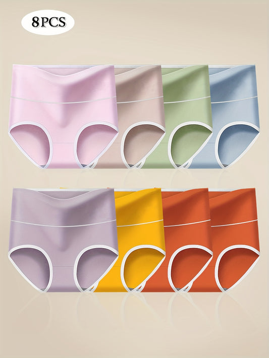 8pcs Women's High-Waisted Tummy Control Briefs - Soft Briefs with Elastic Waistband, 8 Colors - Minimalist Everyday Comfort Briefs, Tummy Control Shaping Underwear, Solid Color Briefs, Smooth Textured Fabric (0XL-5XL)