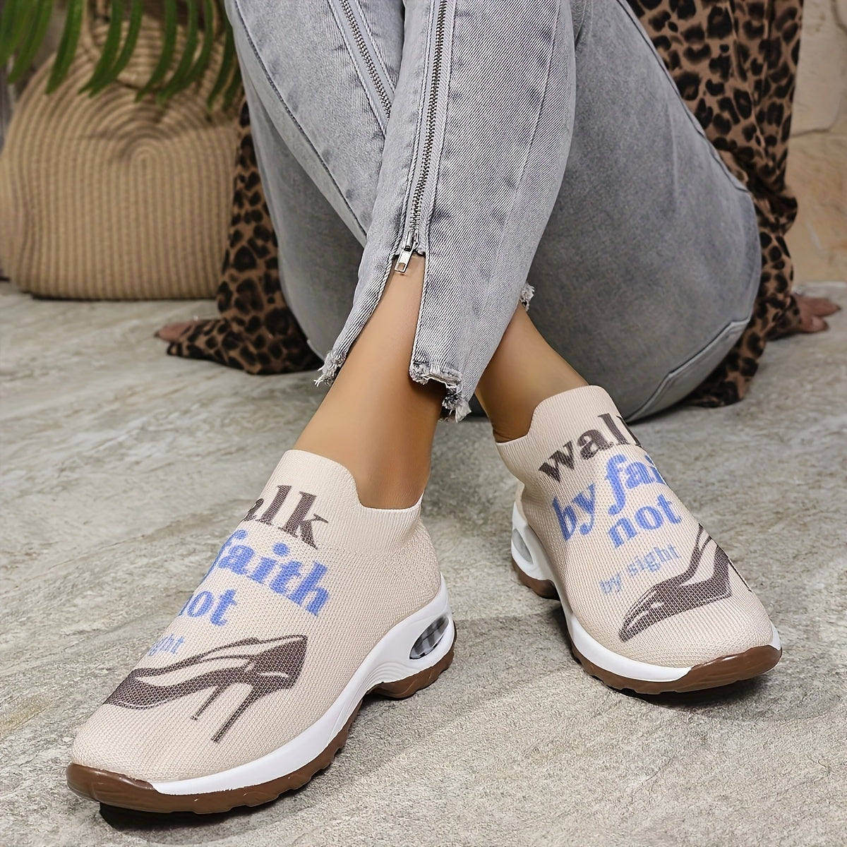 Women's Knitted Printed Air-Cushioned Casual Sports Shoes, Women Shoes, Sneakers