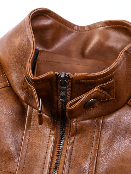 Men's Stand Collar PU Leather Jacket Lightweight Faux PU Leather Motorcycle Casual Jacket