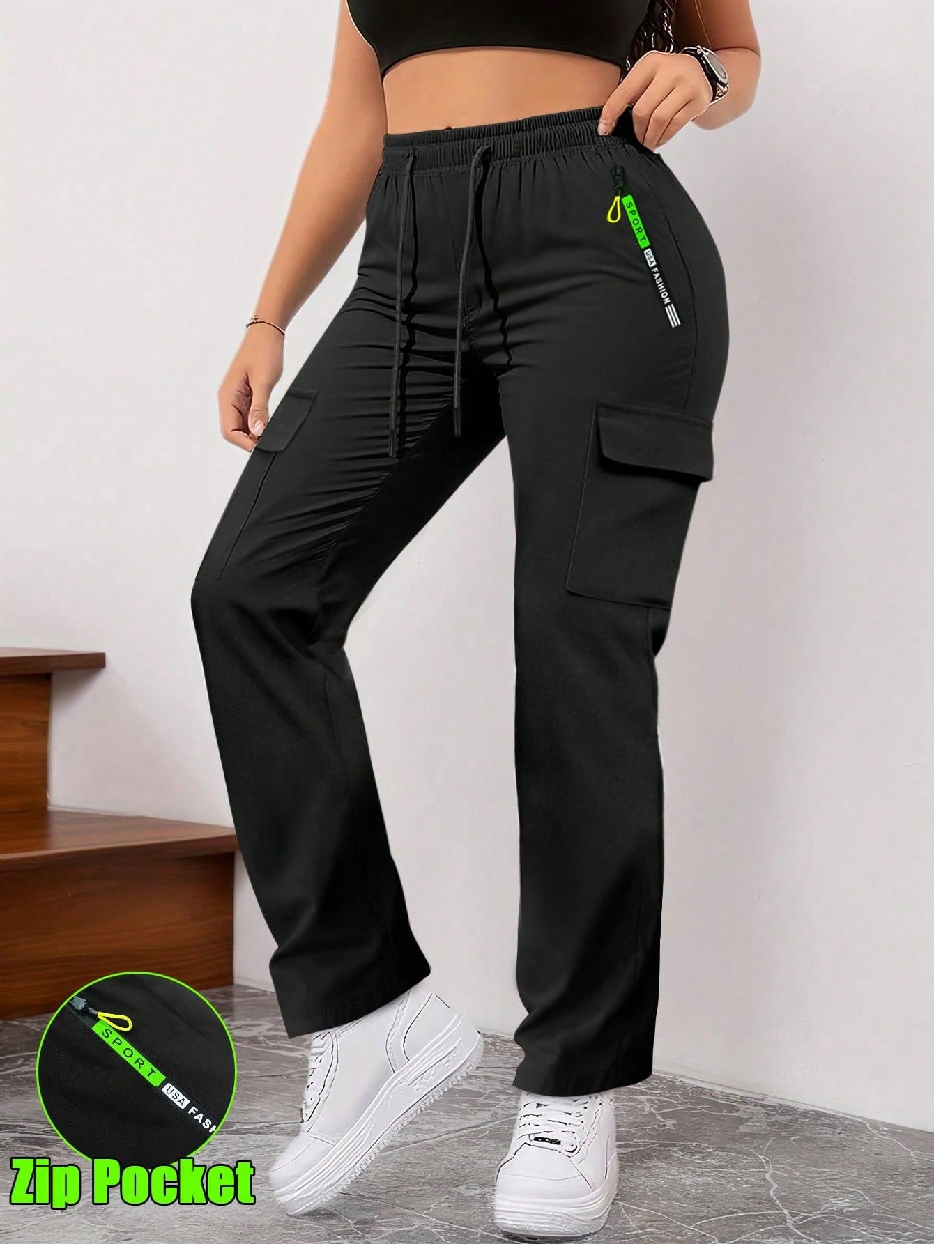 Women'S Spring/Autumn Zipper Pocket Cargo Pants, Fashionable Large Pocket Design, Drawstring Elastic Waist, Casual Outdoor/Daily Wear Slim Fit Trousers