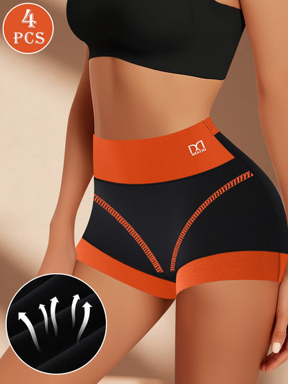 Set of 4 High Waist Women'S Boxer Briefs with Full Coverage And Contrast Colors, Comfortable And Breathable Spliced Design - The Top Choice for Women