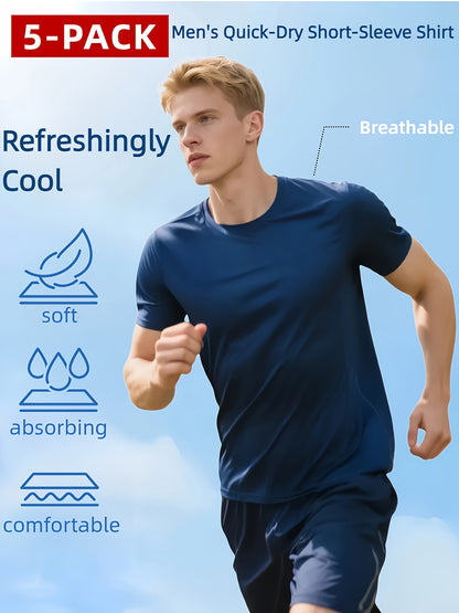 5pcs Men's Breathable Stretchable Sports T-Shirts - 100% Polyester Round Neck Short Sleeve Gym Tees Suitable for Running, Fitness Training, Casual Wear, Machine Washable Athletic Shirts with Regular Fit for Workout & Everyday Use