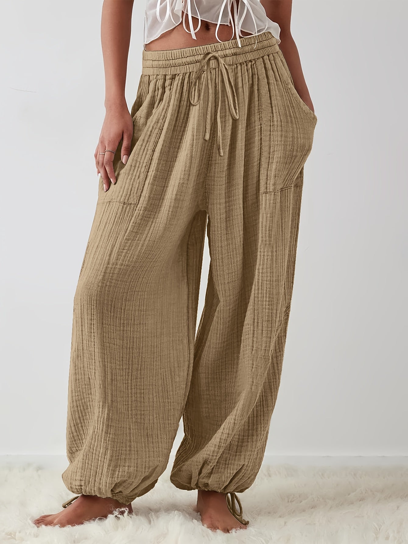 Autumn And Winter Women's Casual Pants, Khaki, Pockets, Wide Legs, Drawstring, Loose Fit, Everyday Commuting Wide-leg Pants.