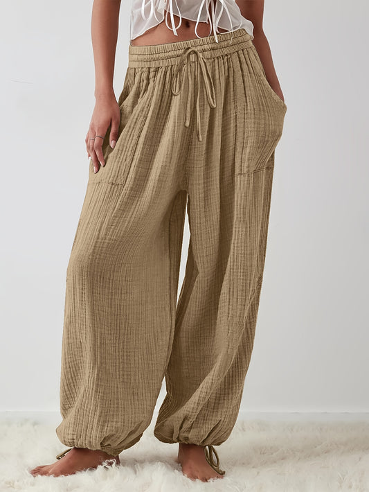 Autumn And Winter Women's Casual Pants, Khaki, Pockets, Wide Legs, Drawstring, Loose Fit, Everyday Commuting Wide-leg Pants.