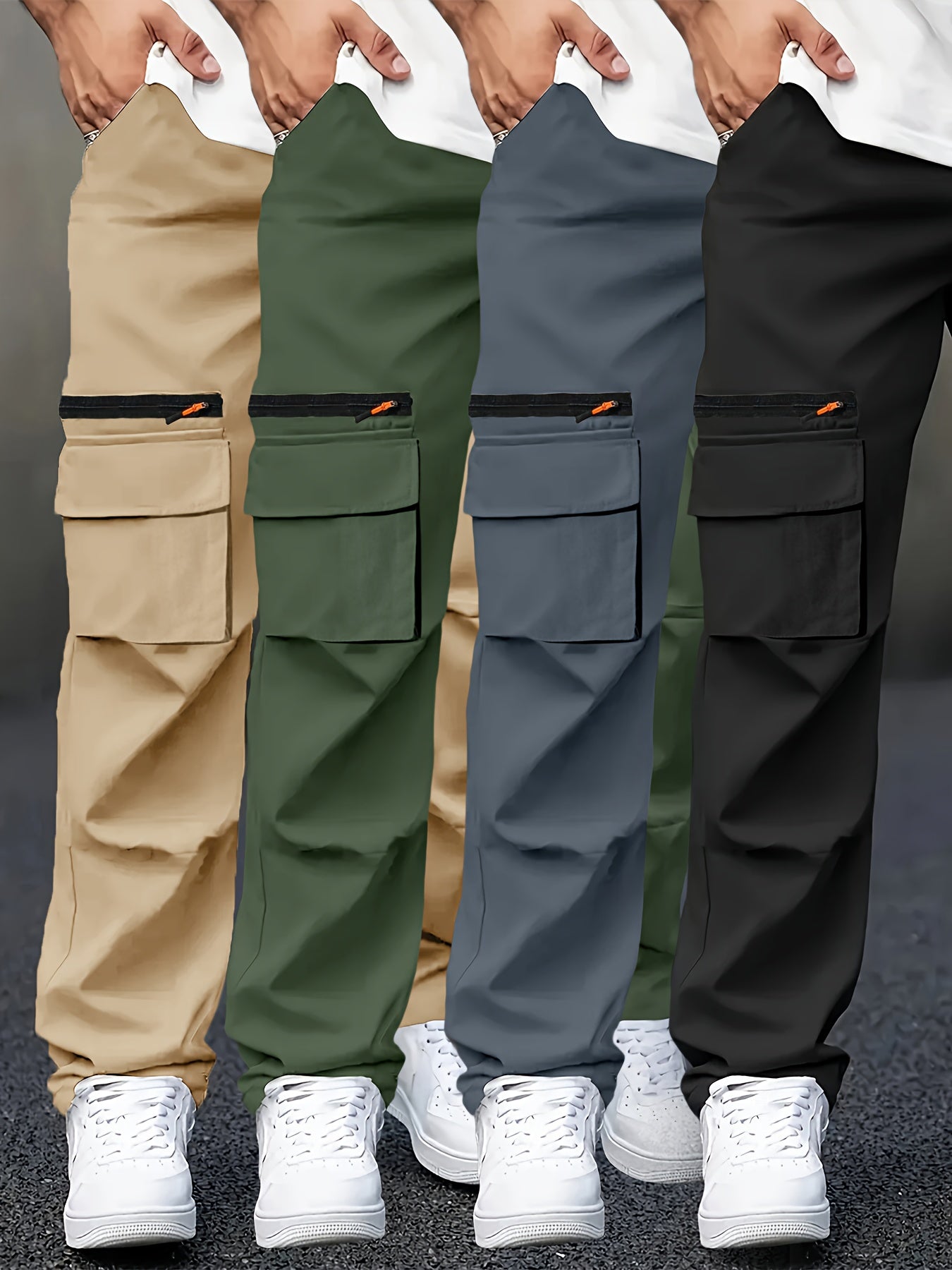 Set of 4 Men'S Long Pants with Cinched Waist And Multiple Pockets, Ideal for Outdoor Work Year-Round.